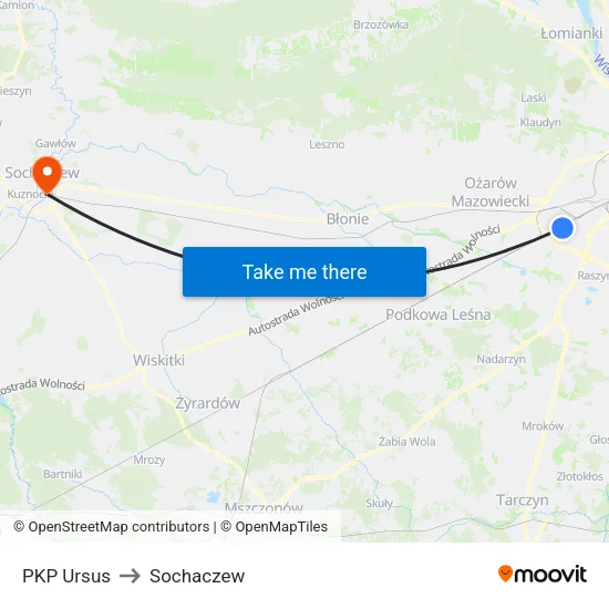 PKP Ursus to Sochaczew map