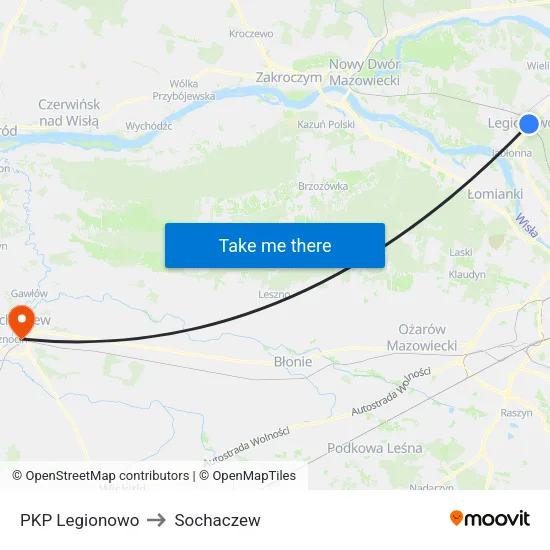 PKP Legionowo to Sochaczew map