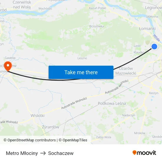 Metro Młociny to Sochaczew map