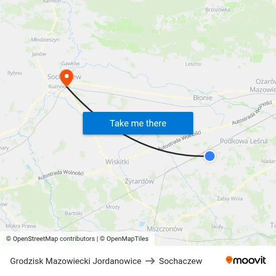 Grodzisk Mazowiecki Jordanowice to Sochaczew map