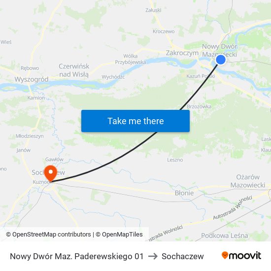 Nowy Dwór Maz. Paderewskiego 01 to Sochaczew map