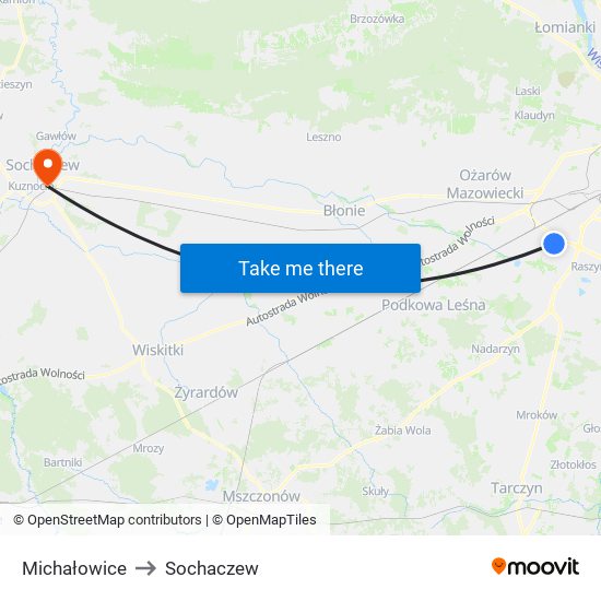 Michałowice to Sochaczew map
