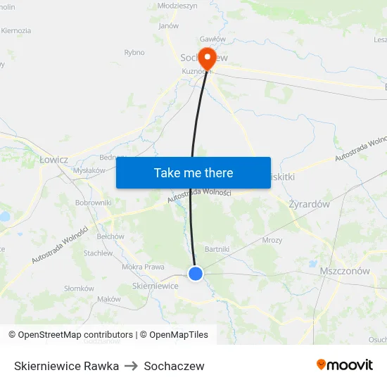 Skierniewice Rawka to Sochaczew map