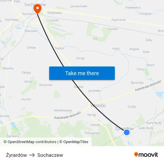 Żyrardów to Sochaczew map