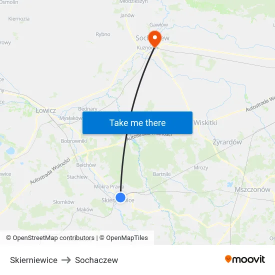 Skierniewice to Sochaczew map