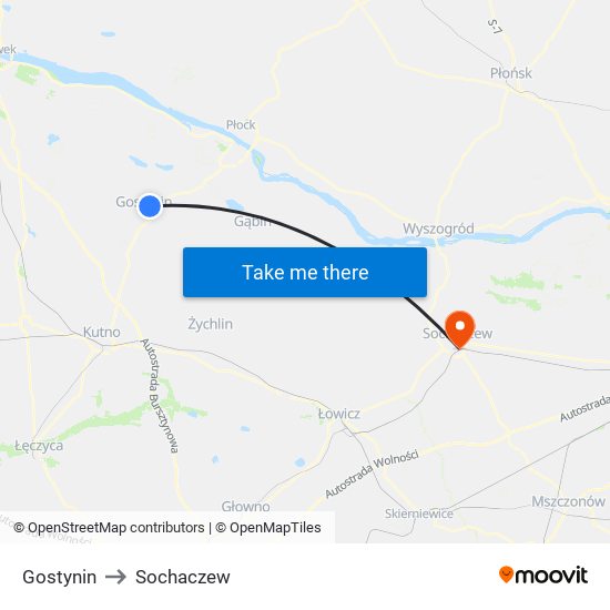 Gostynin to Sochaczew map