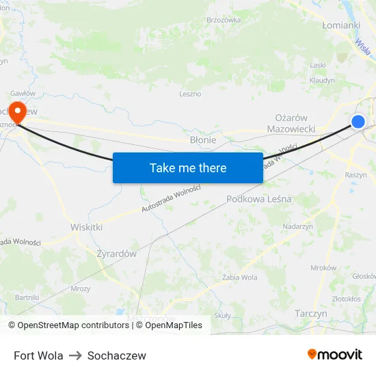 Fort Wola to Sochaczew map