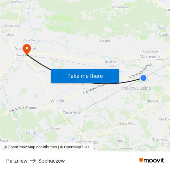 Parzniew to Sochaczew map