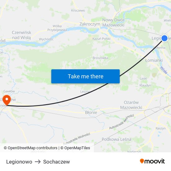 Legionowo to Sochaczew map