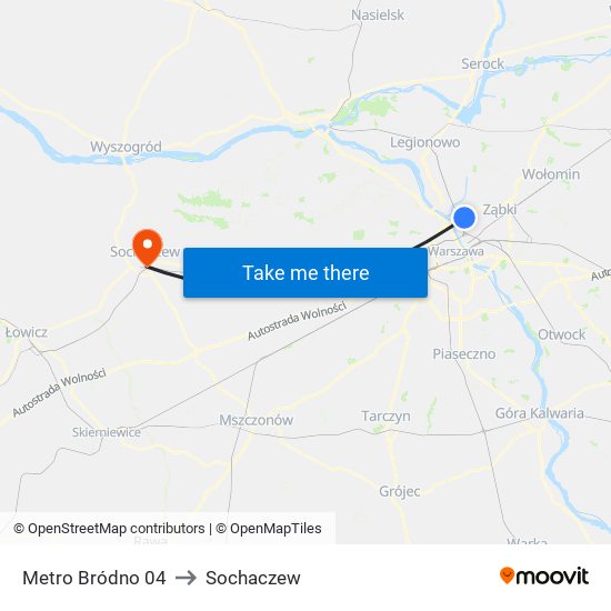 Metro Bródno to Sochaczew map