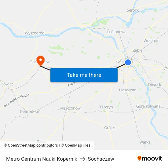 Metro Centrum Nauki Kopernik to Sochaczew map