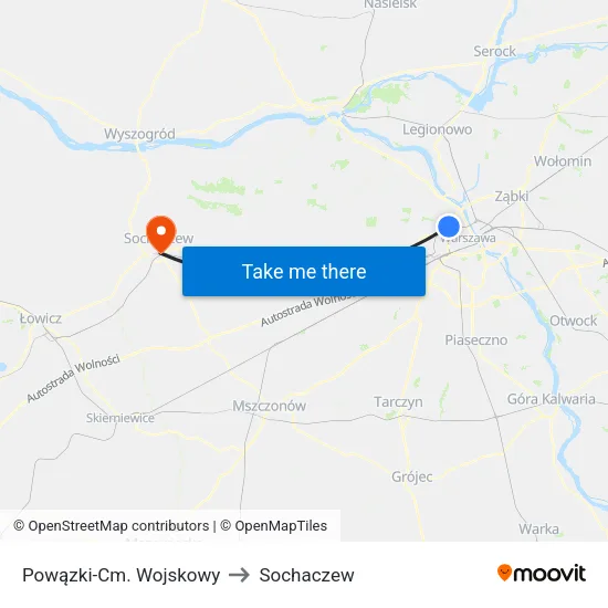 Powązki - Cm. Wojskowy to Sochaczew map