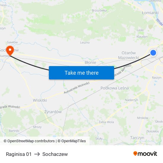 Raginisa to Sochaczew map