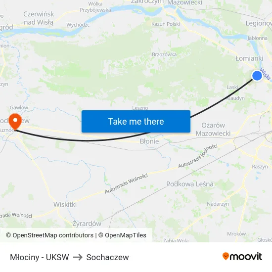 Młociny - UKSW to Sochaczew map