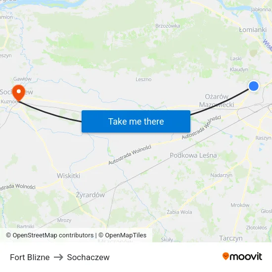 Fort Blizne to Sochaczew map