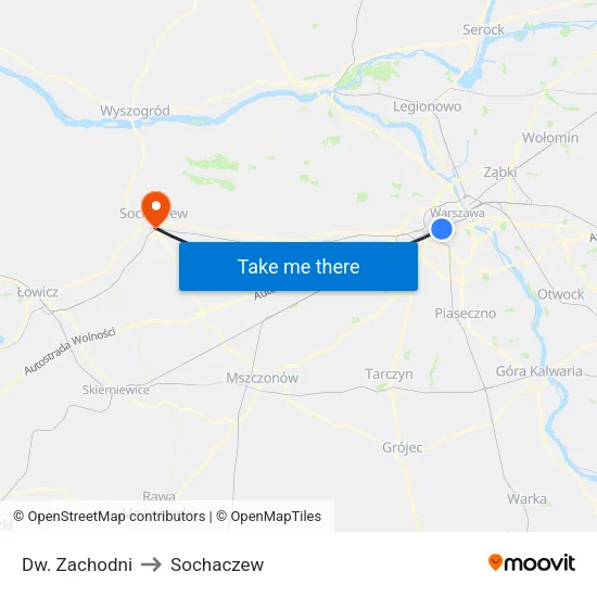 Dw. Zachodni to Sochaczew map