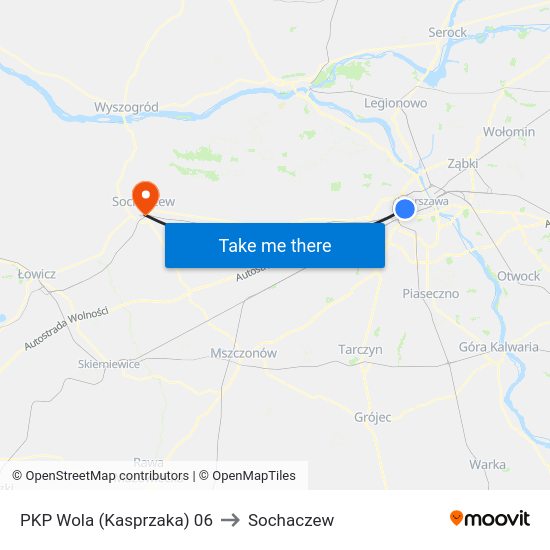 PKP Wola (Kasprzaka) to Sochaczew map