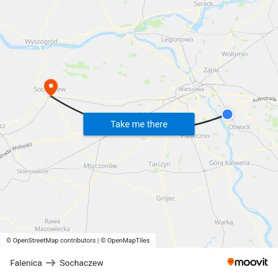 Falenica to Sochaczew map