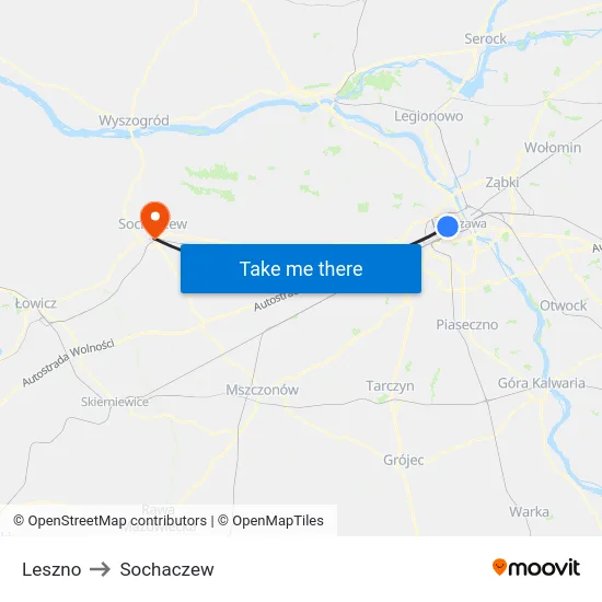 Leszno to Sochaczew map