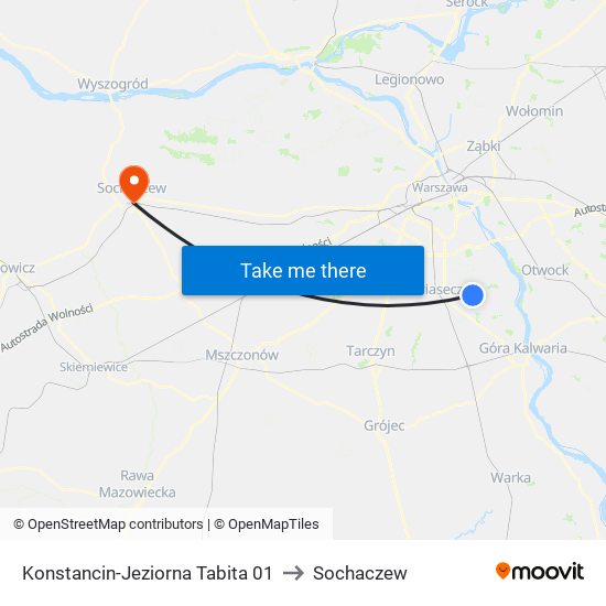 Konstancin-Jeziorna Tabita 01 to Sochaczew map