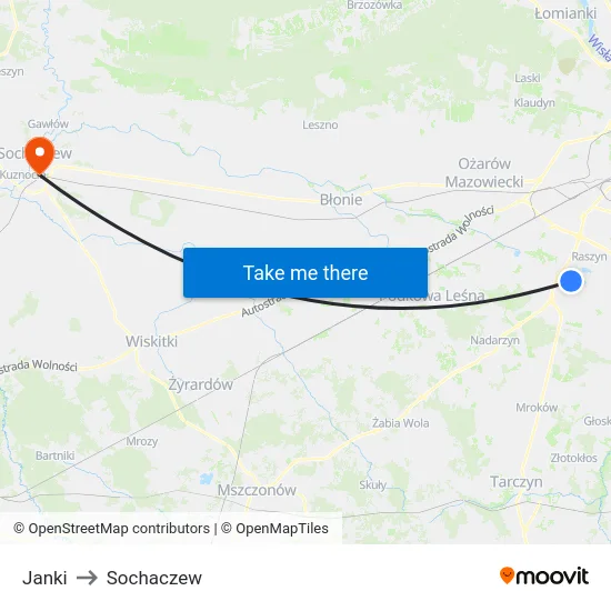 Janki to Sochaczew map
