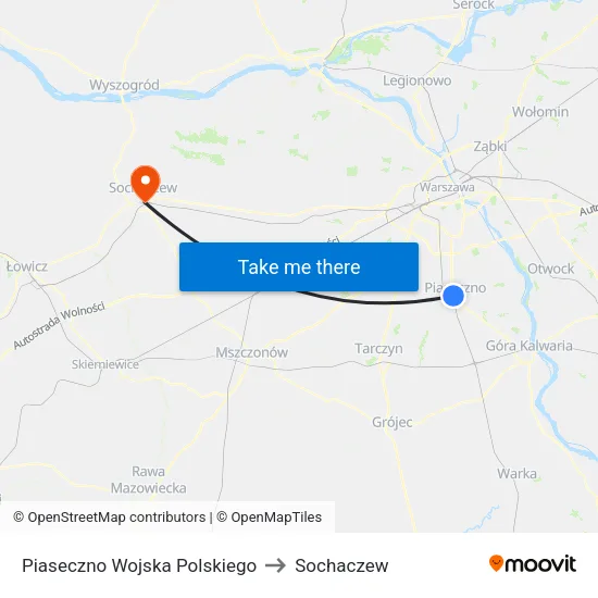 Piaseczno Wojska Polskiego to Sochaczew map