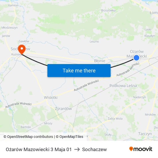 Ożarów Mazowiecki 3 Maja 01 to Sochaczew map