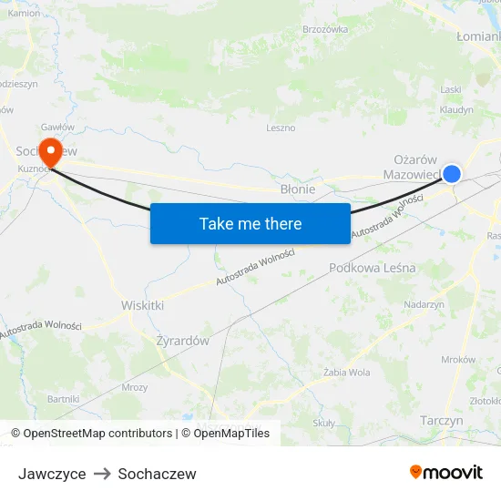 Jawczyce to Sochaczew map