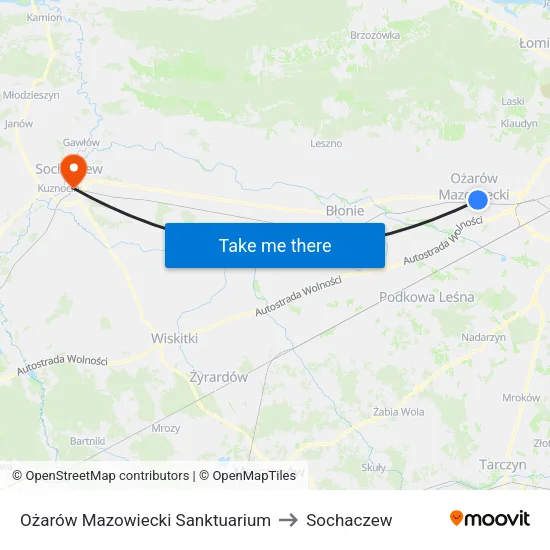 Ożarów Mazowiecki Sanktuarium to Sochaczew map