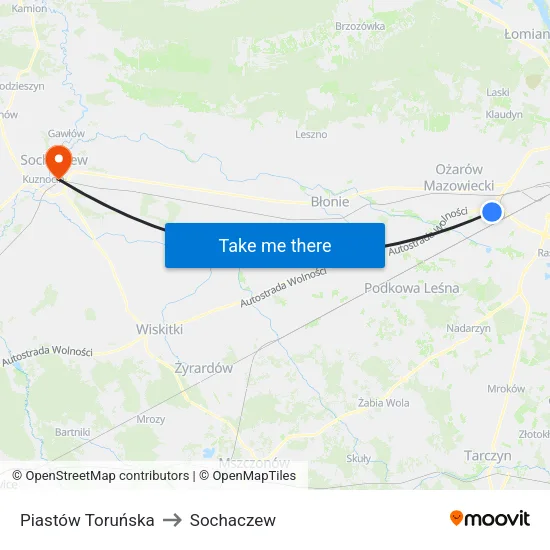 Piastów Toruńska to Sochaczew map