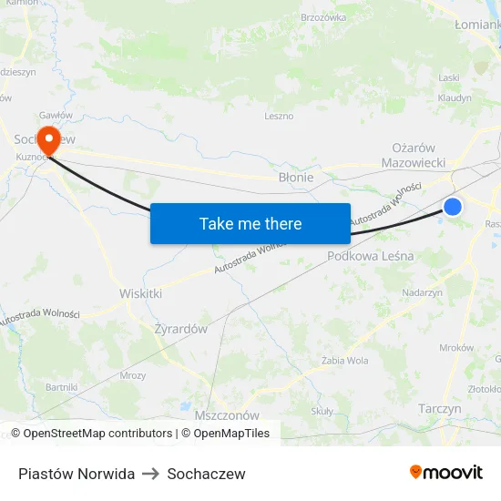 Piastów Norwida to Sochaczew map