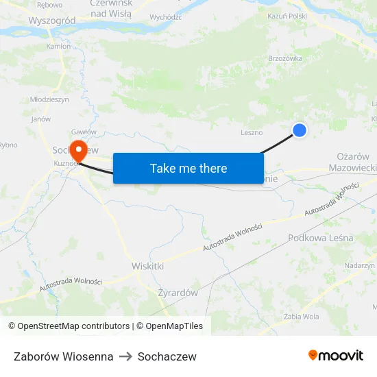 Zaborów Wiosenna to Sochaczew map