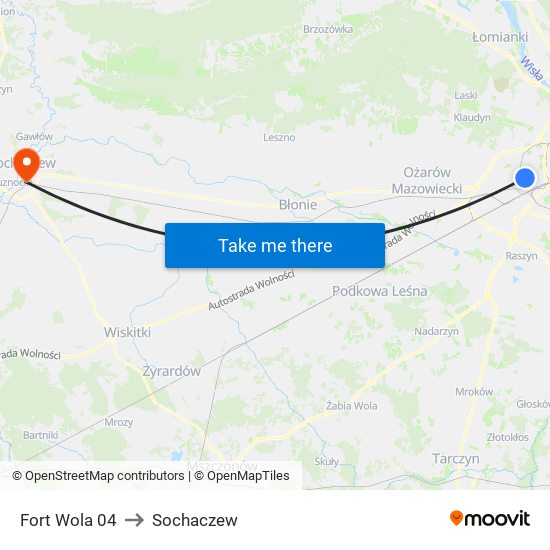 Fort Wola to Sochaczew map