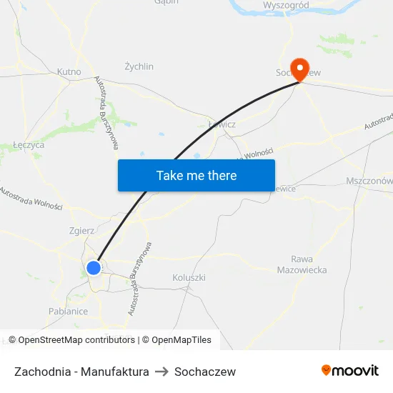 Zachodnia - Manufaktura to Sochaczew map