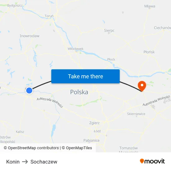 Konin to Sochaczew map