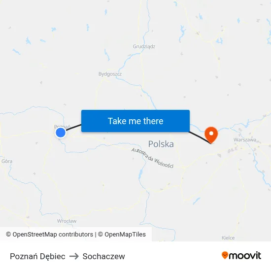 Poznań Dębiec to Sochaczew map