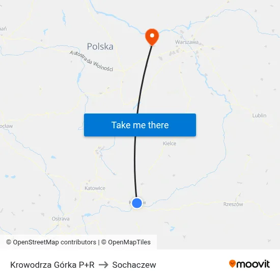Krowodrza Górka P+R to Sochaczew map