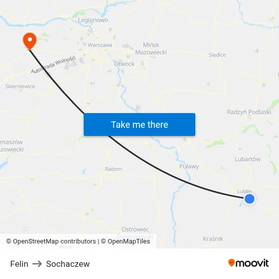 Felin to Sochaczew map
