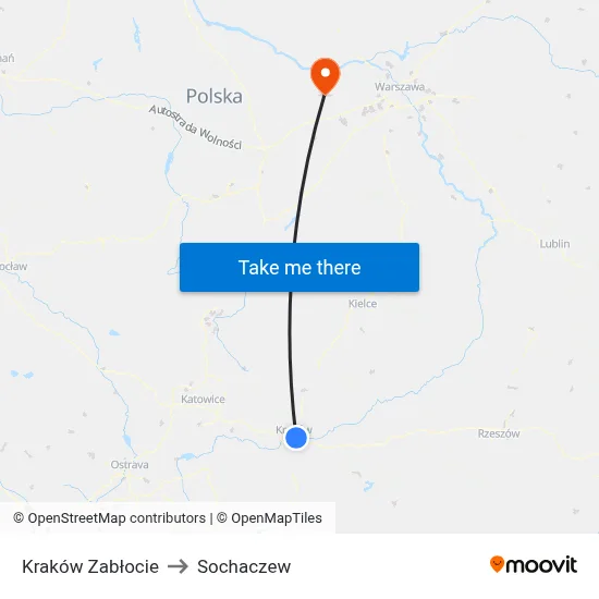 Kraków Zabłocie to Sochaczew map