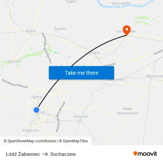 Łódź Żabieniec to Sochaczew map