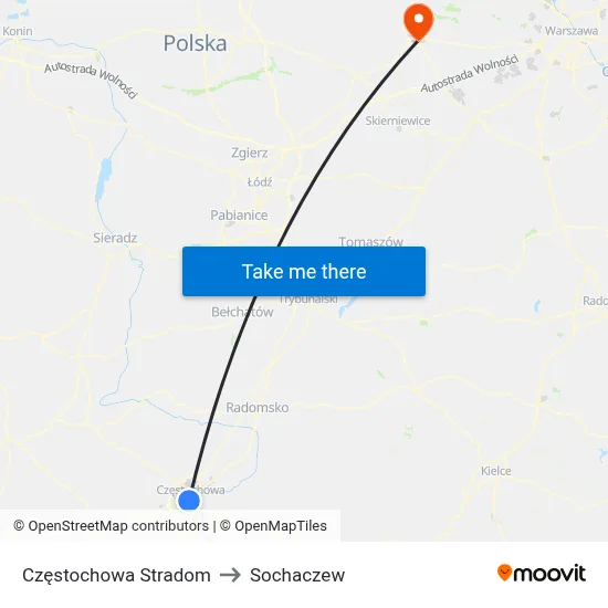 Częstochowa Stradom to Sochaczew map