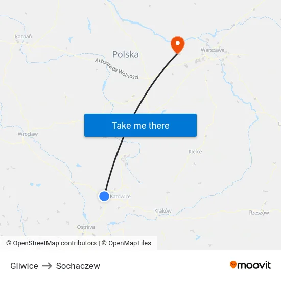 Gliwice to Sochaczew map