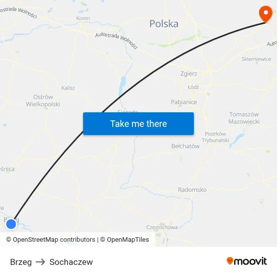 Brzeg to Sochaczew map