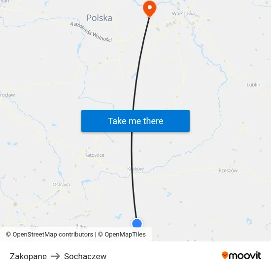 Zakopane to Sochaczew map
