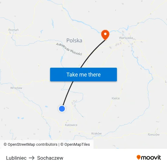 Lubliniec to Sochaczew map