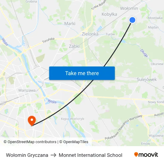 Wołomin Gryczana to Monnet International School map