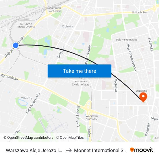 Warszawa Aleje Jerozolimskie to Monnet International School map