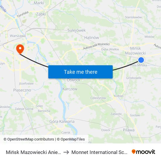 Mińsk Mazowiecki Anielina to Monnet International School map