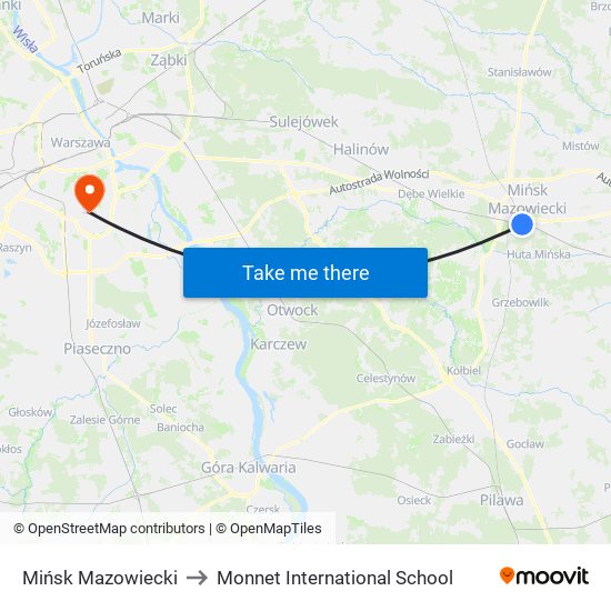 Mińsk Mazowiecki to Monnet International School map