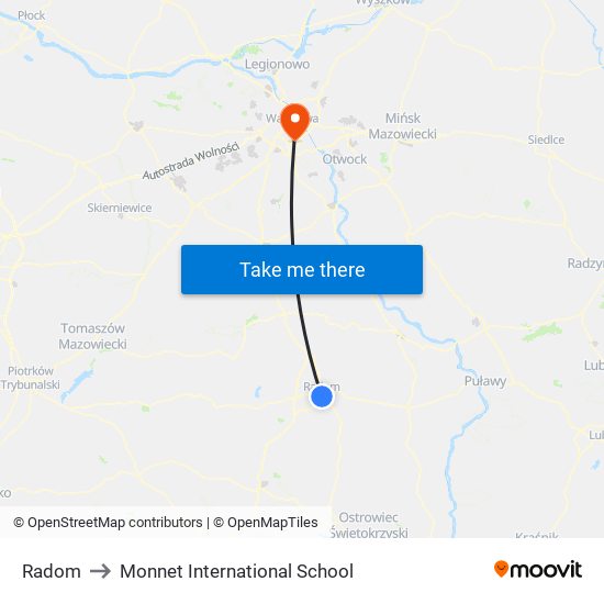 Radom Główny to Monnet International School map